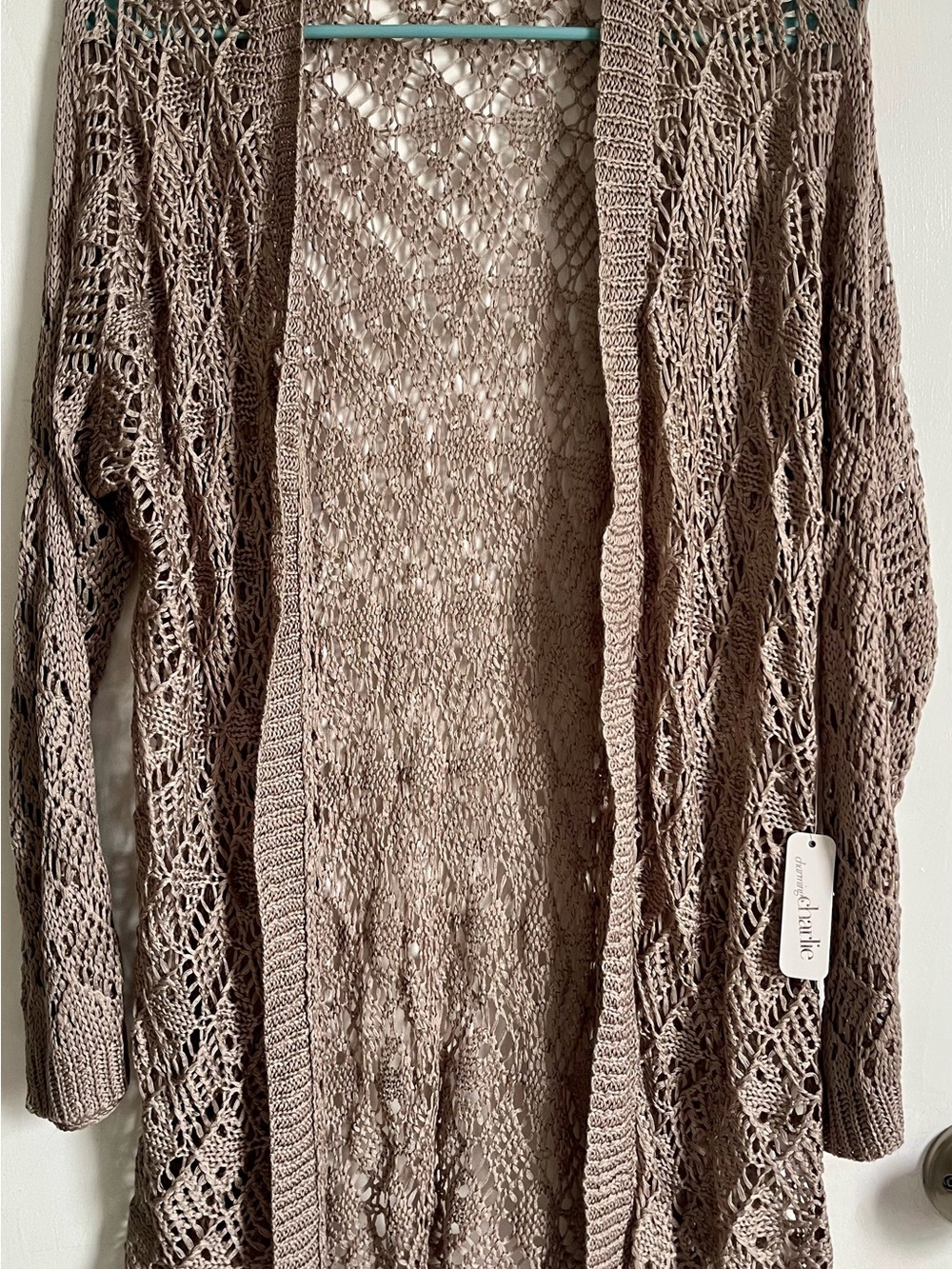 Charming Charlie Open-Front Crochet Cardigan in Taupe - Picture 1 of 4